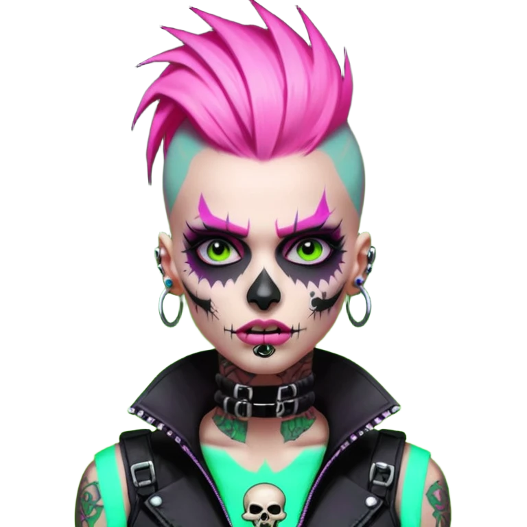 Cyberpunk female punk, pink mohawk, skull face tattoos, bionic neck, aggressive expression, neon green lighting emoji