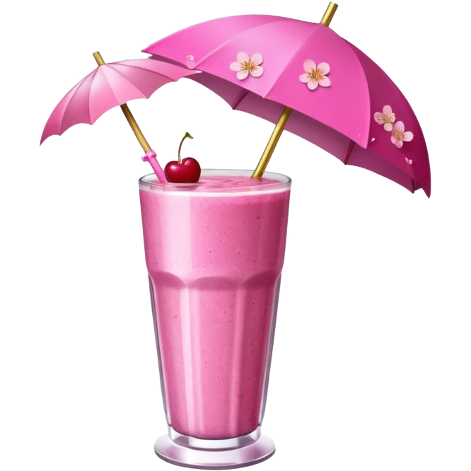 Hot pink smoothie with glitter, cherry blossom, and straw with umbrella emoji