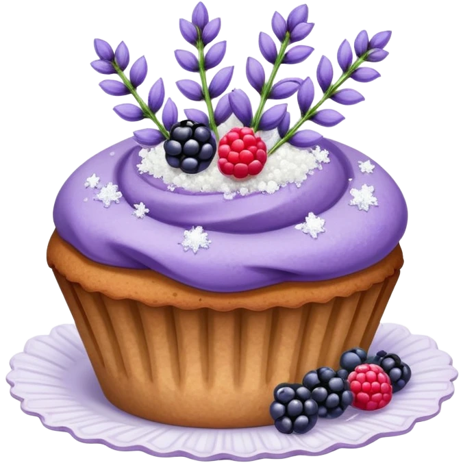 Lavender flower sprigs on a muffin with berries and sugar crystals emoji