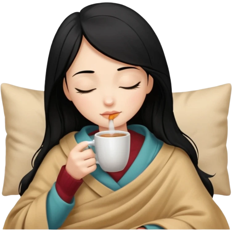 black hair girl long hair inside a beige blanket sipping coffee eyes closed emoji