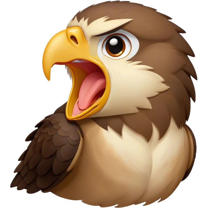 Cinematic Cute Yawning Hawk Portrait Emoji, Head tilted slightly with a dramatic, wide-open yawn, showcasing a robust, agile form with a softly drooping beak and sleepy, half-closed eyes, Simplified yet irresistibly adorable features, highly detailed, glowing with a soft, cozy glow, high shine, relaxed yet expressive, stylized with a dash of whimsical aerial charm, soft glowing outline, capturing the essence of a drowsy yet affectionate hawk that appears ready to stretch out for a nap! emoji