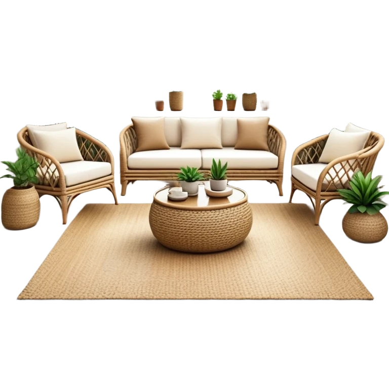 modern boho living room with many indoor plants, rattan furniture, white walls, and natural light emoji