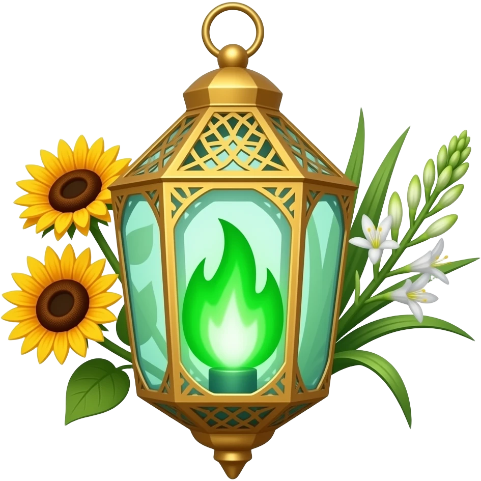 A golden hanging lantern with a bright emerald green flames, an empty loop on top, fae filigree themed sunflowers on the left and asphodels on the right as part of the design, but simple focus more on the green flames, paint the glass more green, have its bottom point come to some sort of point emoji