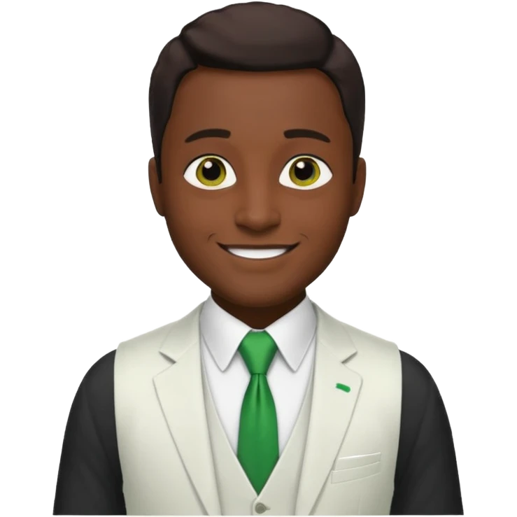 businessman, black skin, brown eyes, white suit vest, green tie emoji
