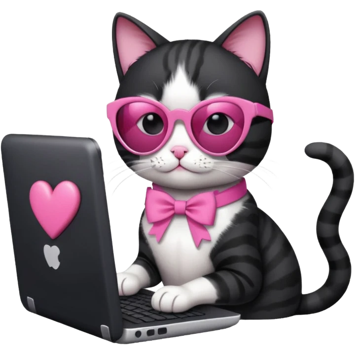 Black and white cat with pink ribbon and black cool sunglasses doing pink computer with pink heart emoji