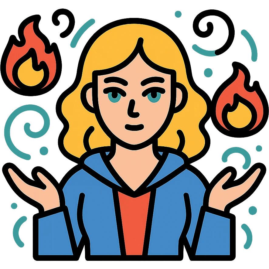 blonde woman with green eyes casting fireballs with magical energy swirling around her, color outline icon style emoji