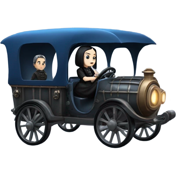 Wednesday Addams driving a blue and pewter steampunk electric wagon emoji