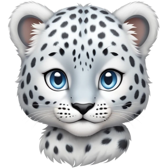 Cinematic-Noble-Snow-baby Leopard-Portrait-Emoji – Poised and majestic, with a muscular, agile build and a beautifully patterned coat of soft white and grey fur, marked with striking, deep-set, intelligent icy blue eyes, simplified yet sharp and sophisticated zoomed out showing the shoulders emoji
