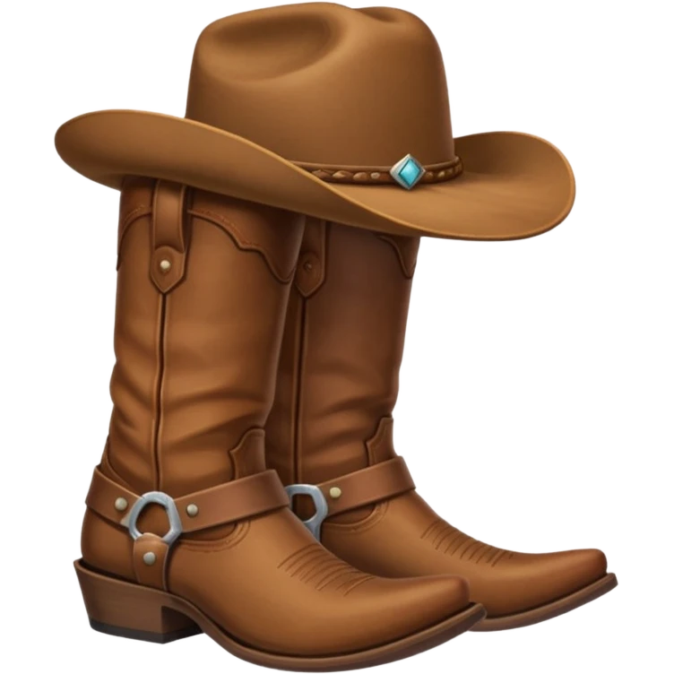All brown classic cowboy boot pairs with one hat tilted resting on top of them emoji