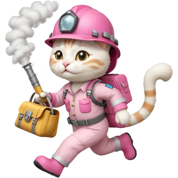 A cute white and pink cat dressed as engineer with a helmet running fast with smoke under her feets carrying her cute  bag emoji