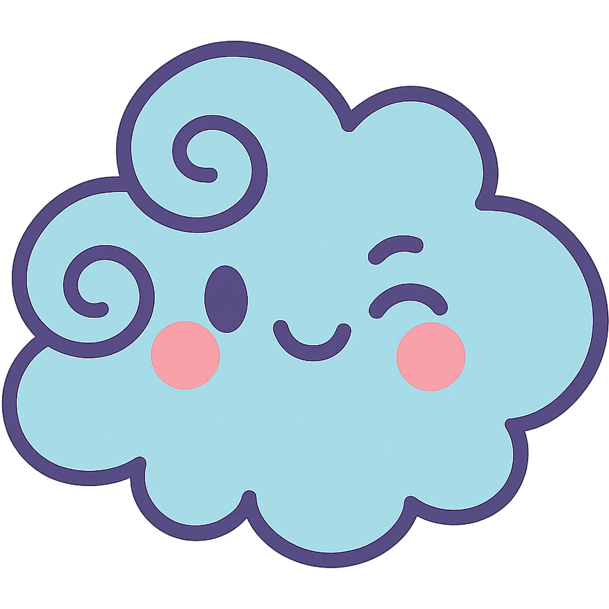 cute light blue cloud, soft swirls, winking face, soft pastel palette, no arms or legs, full body, soft pastel kawaii style emoji