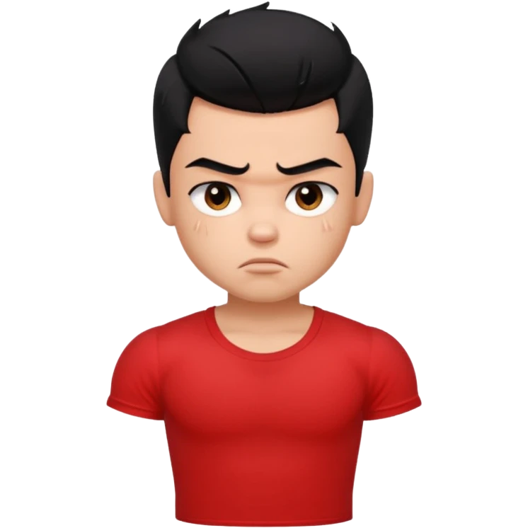 a pretty bratz boy with black hair and a red tshirt, big biceps looking sad emoji