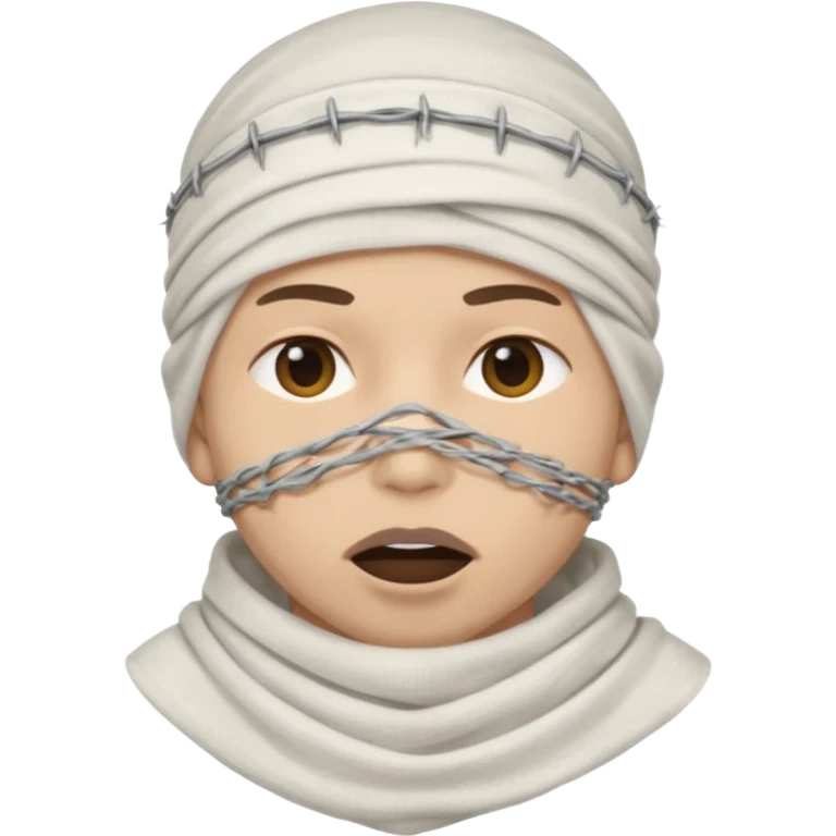 Head wrapped in gauze, mouth sealed with barbed wire. emoji
