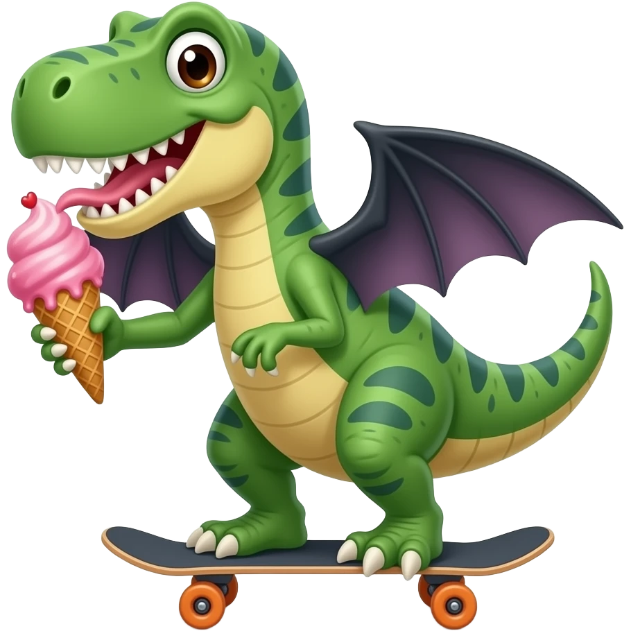 un dinozaur pe un skateboard care mananca inghetata pe bat si poarta un joben emoji