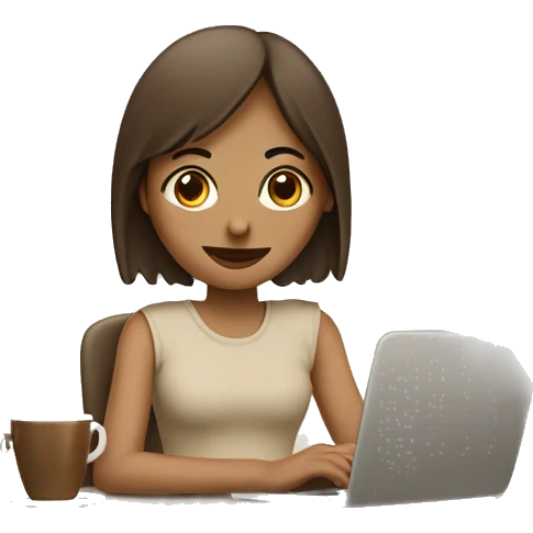 Half face of a girl at the laptop. A a cup of coffee on the left side of the table. Books on the right side. in beige tones emoji