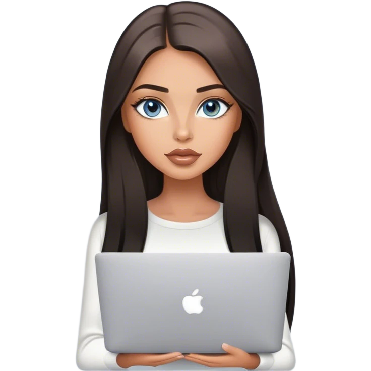 Glamours tanned very beautiful girl with pump peach beige lips and dark chocolate straight smooth long hair, blue-grey eyes with MacBook emoji