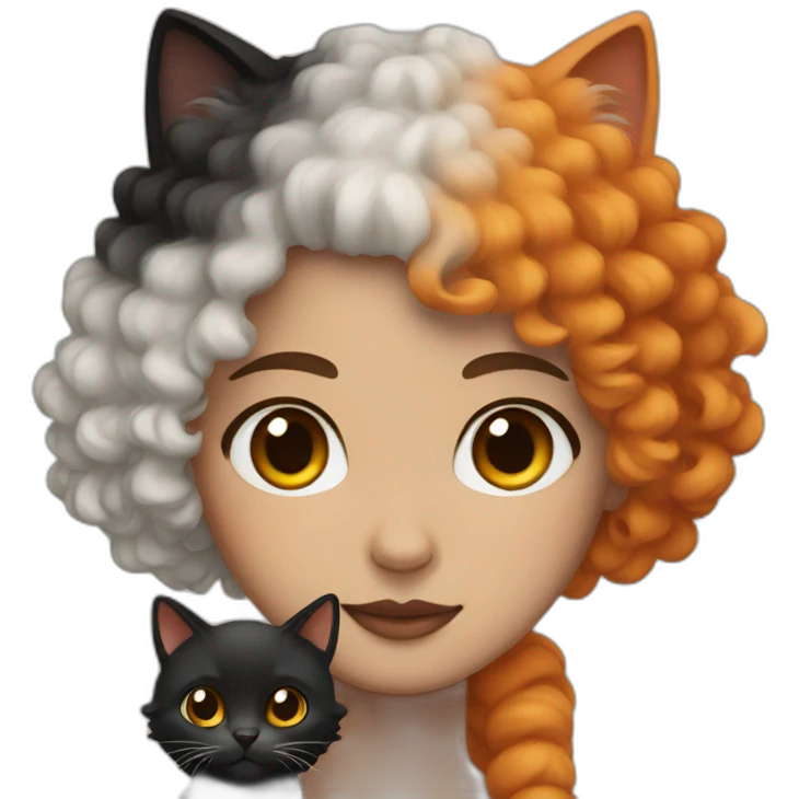 A white skin female with curly hair and a black, an orange and a beige cat emoji