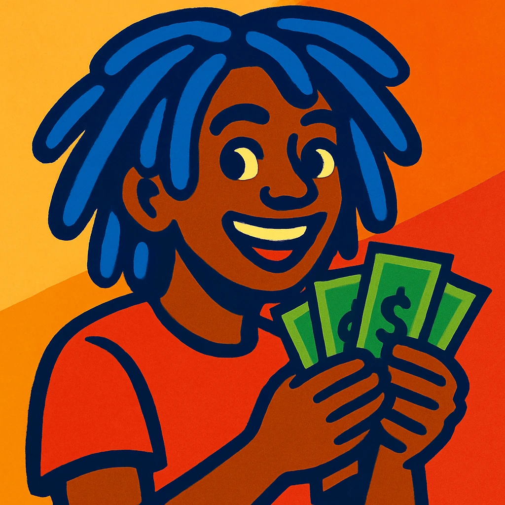 a person with blue dreadlocks holding money, vibrant and expressive style emoji