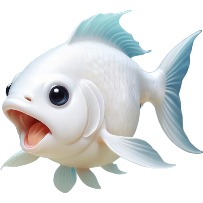 Cinematic Cute Yawning White Goldfish Portrait Emoji, Head tilted slightly with a dramatic, wide-open yawn, showcasing a smooth, pure white body with graceful, flowing fins, eyes barely open in drowsy contentment, Simplified yet irresistibly adorable features, highly detailed, glowing with a soft, cozy glow, high shine, relaxed yet expressive, stylized with a touch of whimsy, bright and endearing, soft glowing outline, capturing the essence of a sleepy yet affectionate goldfish, so drowsy it feels like it could float out of the screen and curl up for a nap! emoji