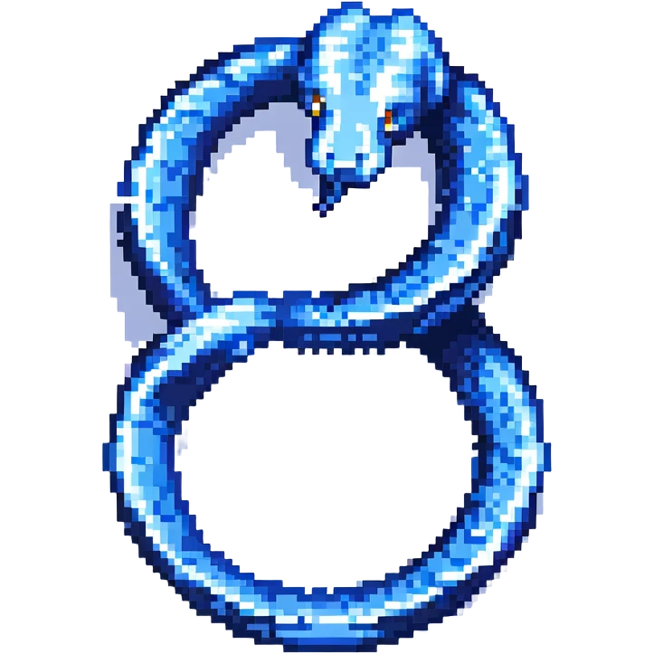 pixel art logo for Python, blue and yellow, with a snake forming an infinity symbol emoji