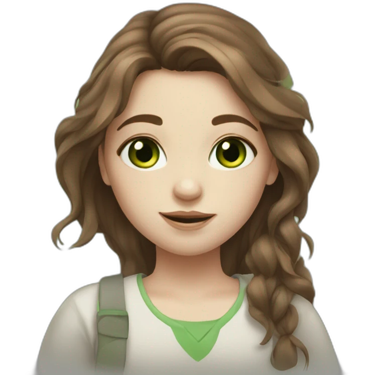 Messy long brown haired girl with green eyes, pale skin and little birthmark on neck middle part emoji