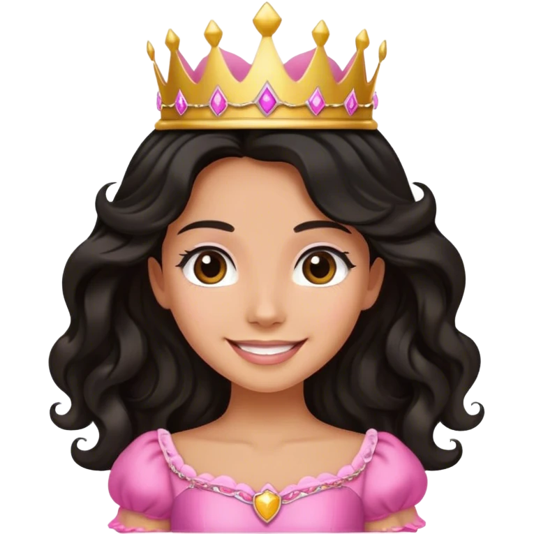 Very tanned princess, with long black wavy hair and a crown, a pink princess Outfit. In love emoji
