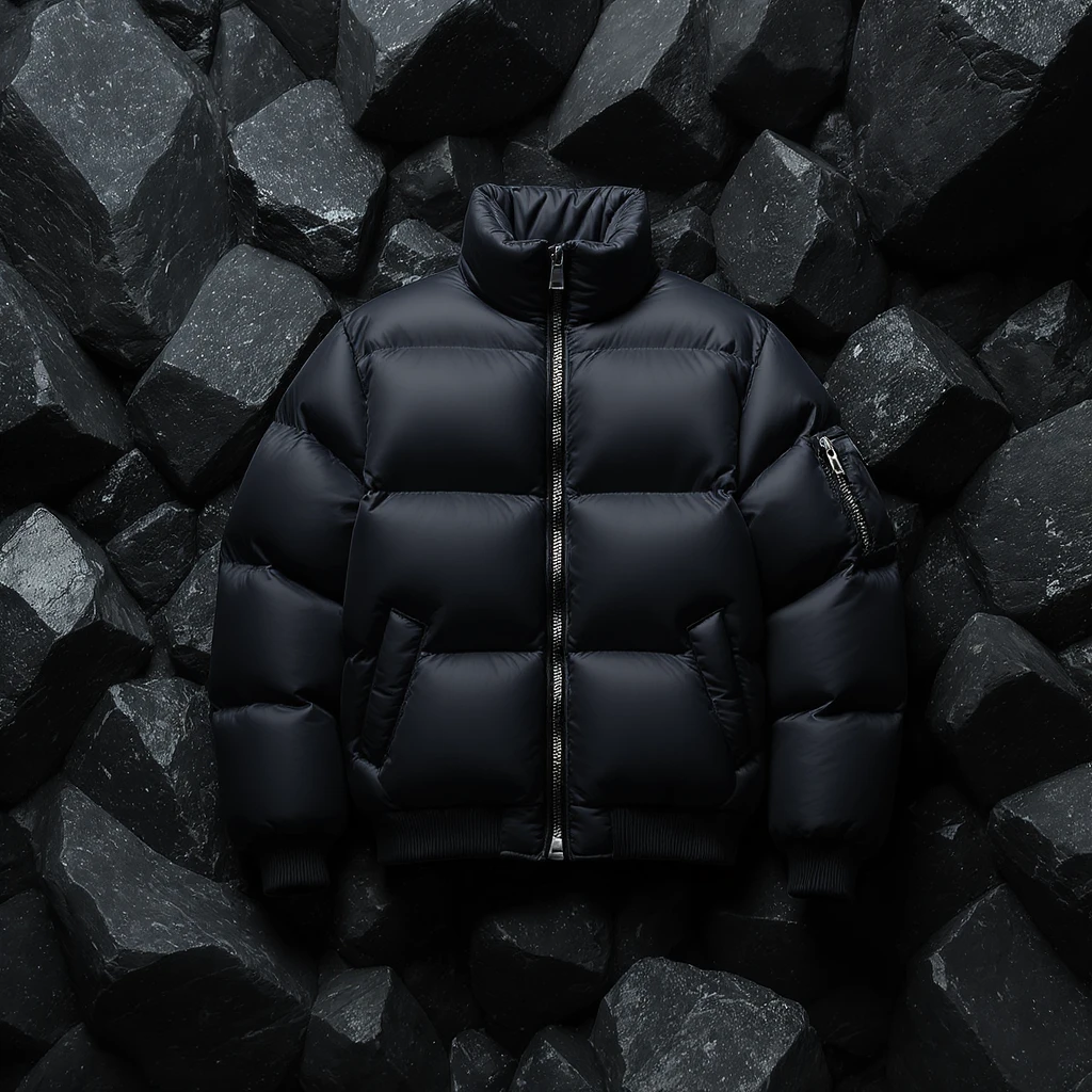 cinematic still of a black puffer jacket around black stone environment emoji