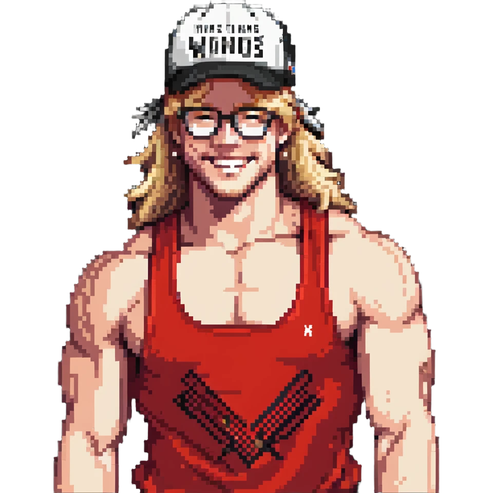 Man with black and white cap with VANOMAS text, bare torso, red shorts, clear glasses, messy light blond mullet hairstyle, smiling and flexing muscles emoji