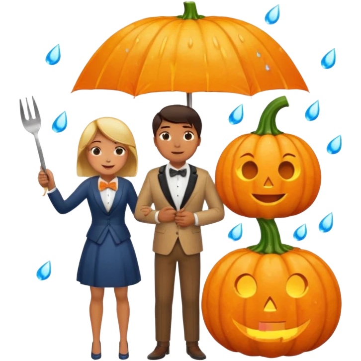 Make a guy hugging a giant pumpkin with a fork in his right hand while there's fire while there's a lady watching while it's raining while there's an umbrella on the ground that's alive and the sun has a bow tie on his neck emoji