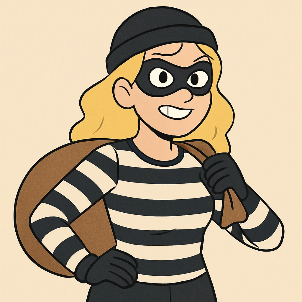 blonde woman dressed as a robber, wearing a black mask and striped shirt, cartoon style emoji