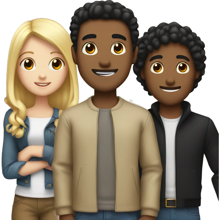 three friends, a blond girl, a tall brown guy with black hair, and another black hair  white guy emoji