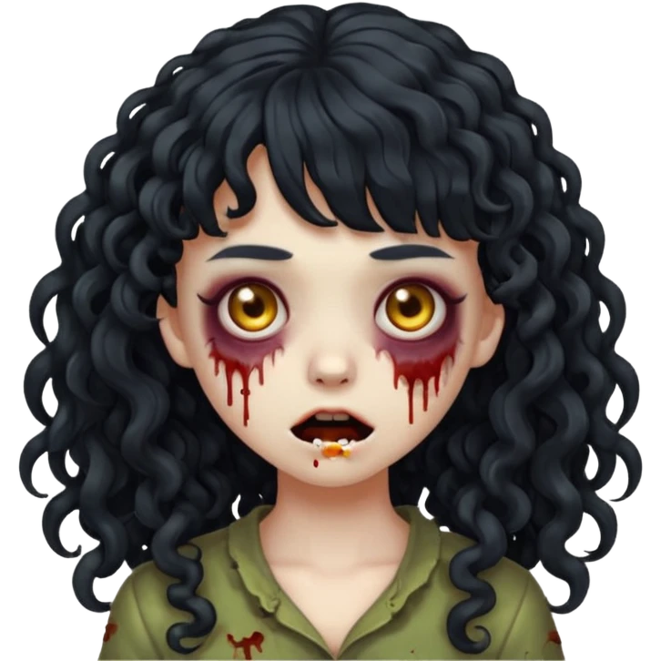 Emoji garota zombie com cabelo preto cacheado longo com franja cacheada sem volume emoji