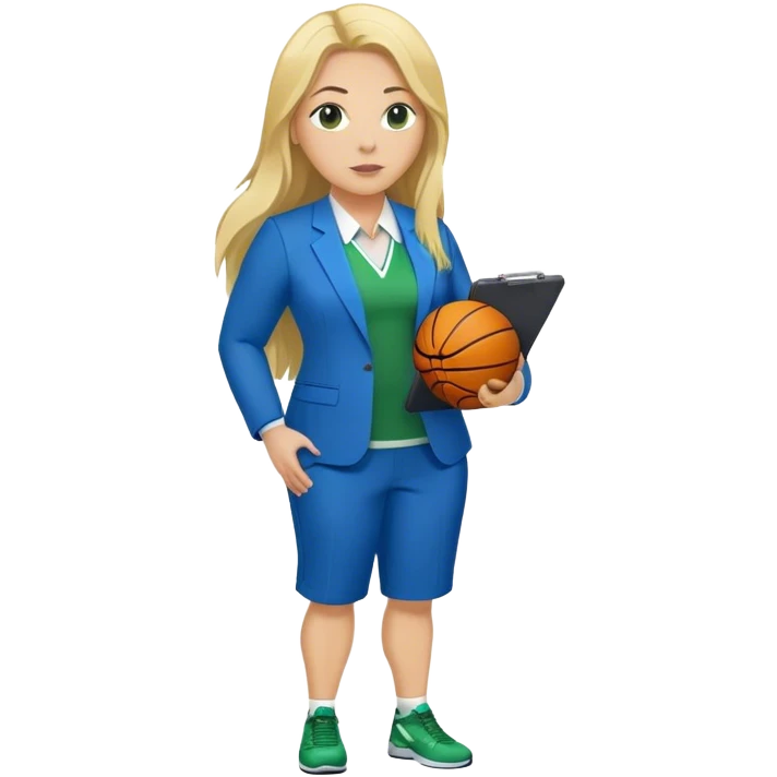 Full Body white plus size female basketball head coach using a clipboard with long blonde hair in a blue and green suit emoji