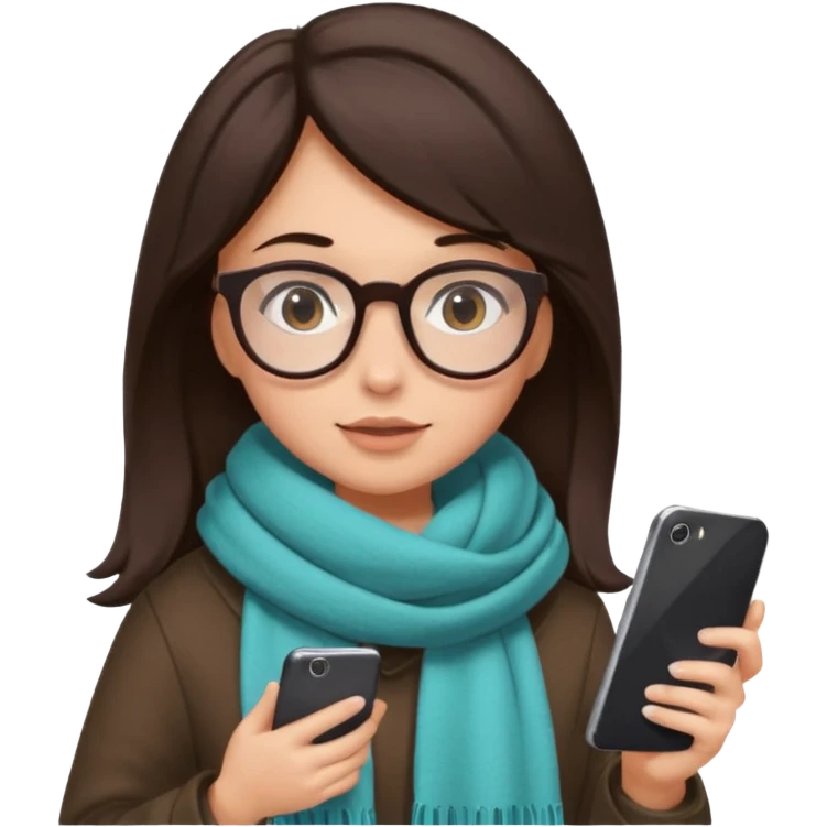 Fille châtain foncé avec lunettes. Elle porte une grosse écharpe. Elle est sur dans un toilettes. Téléphone en main emoji