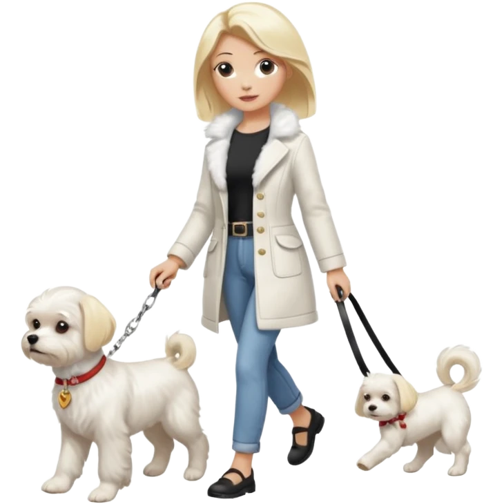 blonde woman walking Maltese dog emoji