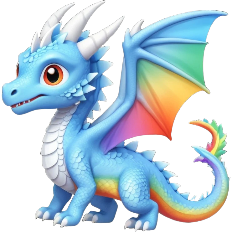 cute baby blue dragon with light blue body, big white wings, white horn, tail with white triangle tip, flying in side view, big eyes, small size, dragon ridge along back with small ridges in rainbow order: red, orange, yellow, green, blue, purple, ending at start of tail emoji