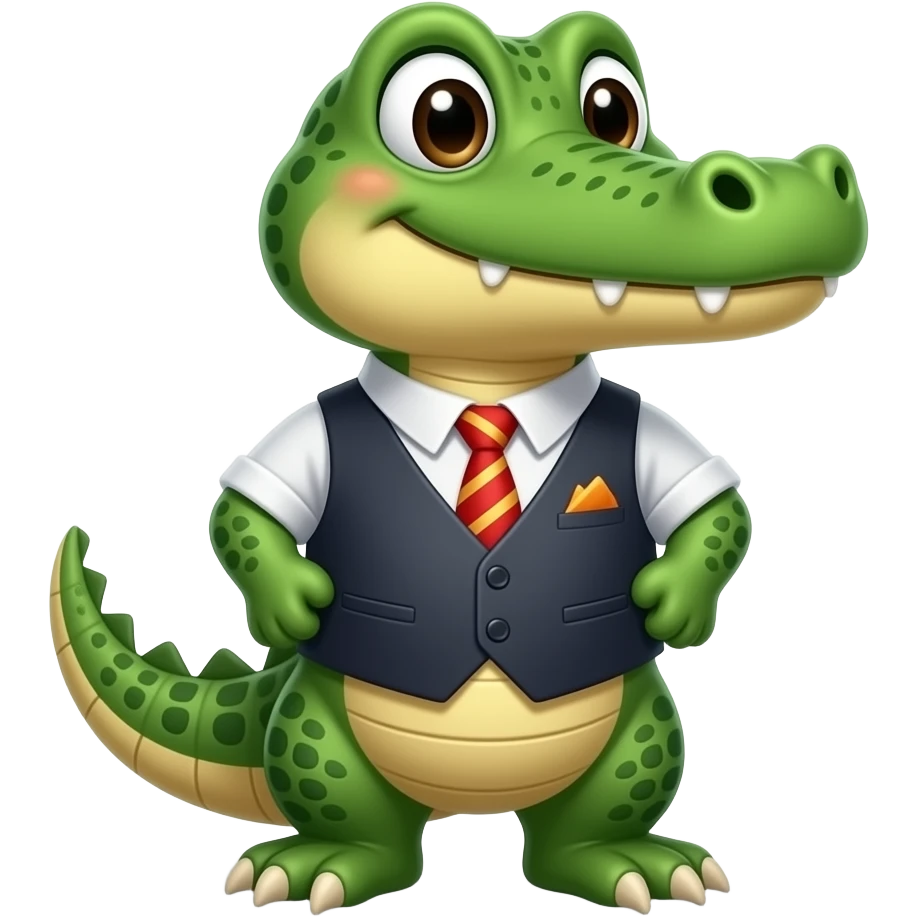 Cute alligator wearing a vest and tie at a party with confetti emoji