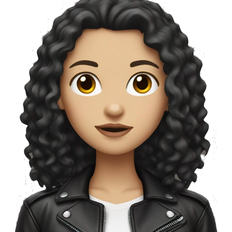 White girl, with long curly black hair, wearing leather jacket emoji