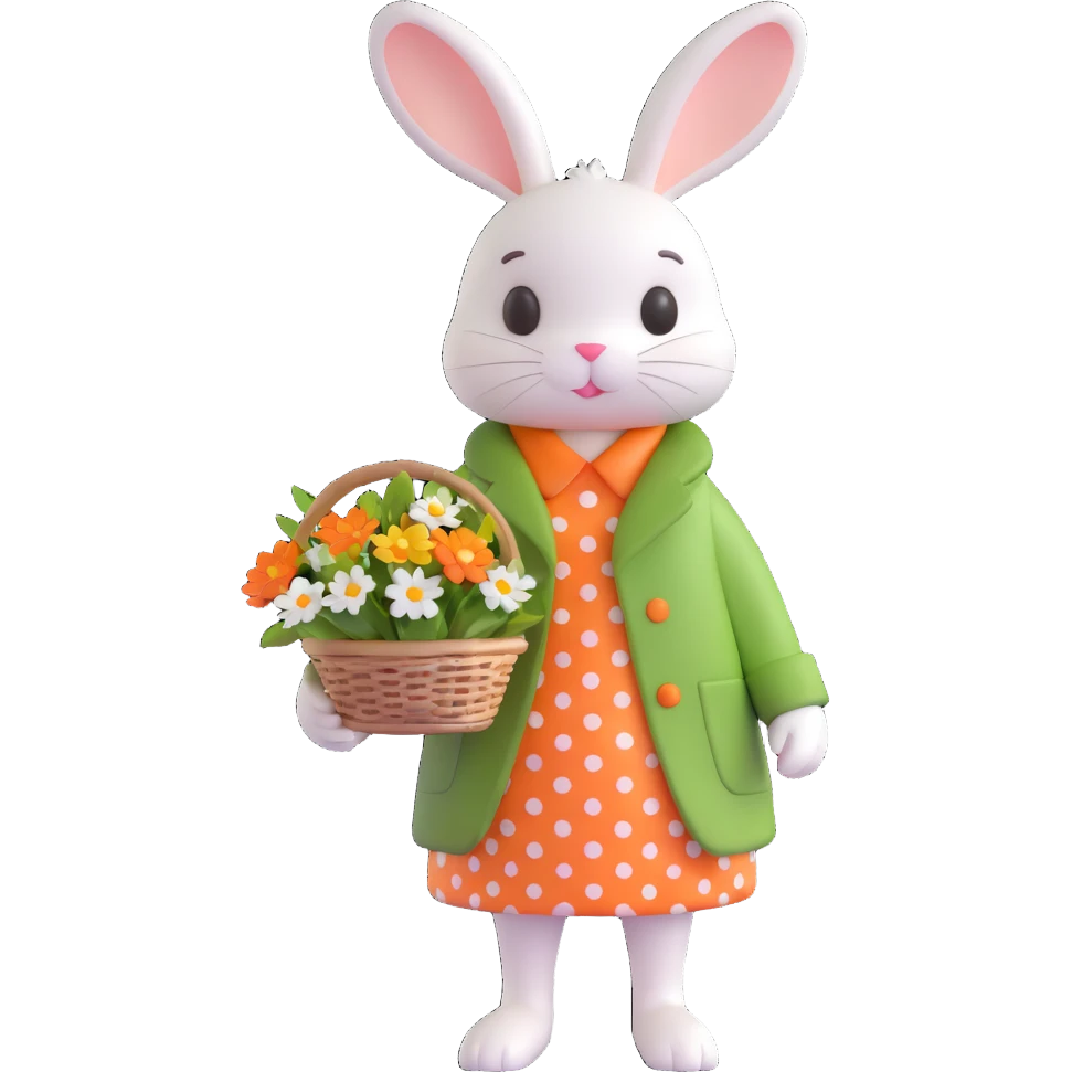 cute bunny wearing green coat and orange polka-dot dress holding bouquet of flowers and basket with egg emoji