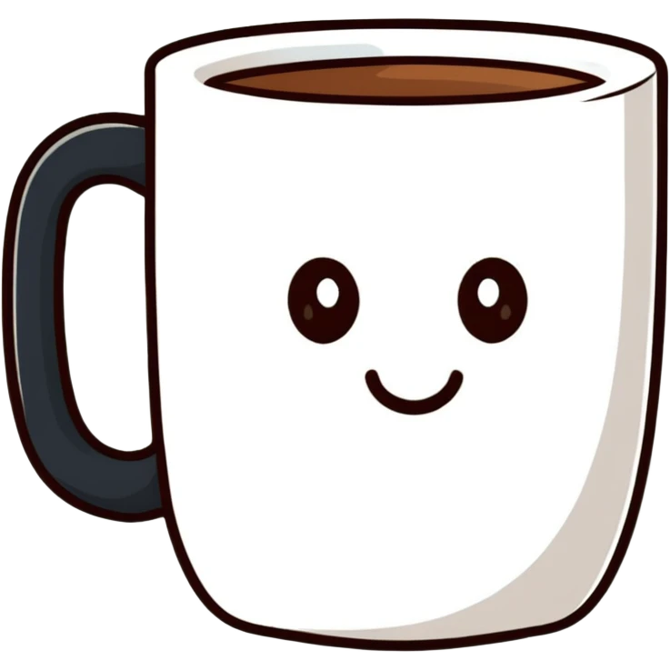 coffee mug with a cute face, cartoonish sticker style emoji