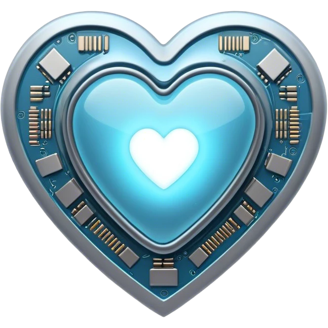 AI-themed emoji: a microchip shaped like a heart, emitting a soft blue glow. Highly detailed texture, cyberpunk aesthetic, minimalistic background. emoji