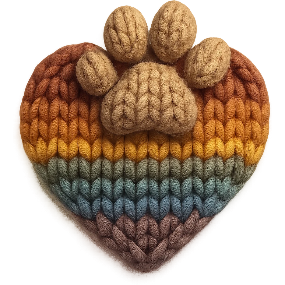 rainbow pride heart with a paw print on top, knitted patch style, no text emoji
