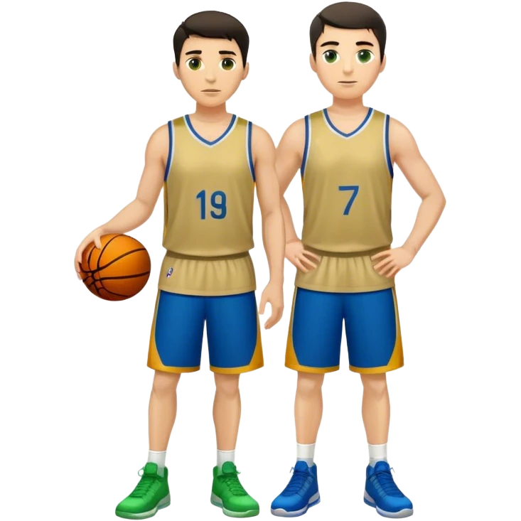 Full Body  white male basketball player with short dark hair gold t wearing blue and green unifrm emoji