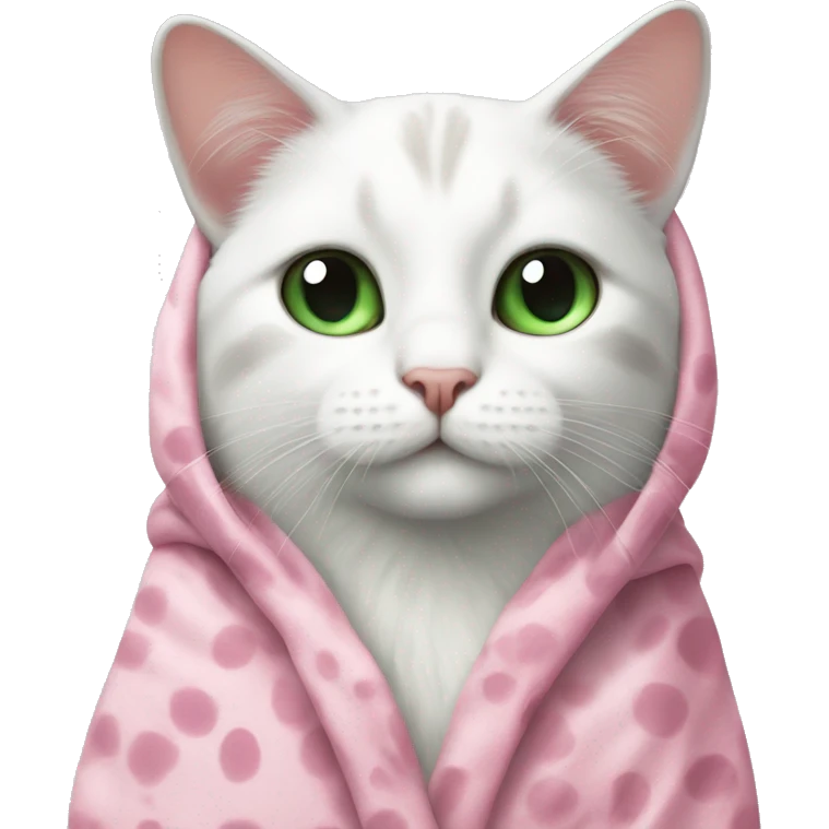 A white cat with big black spots and green eyes in a pink robe emoji