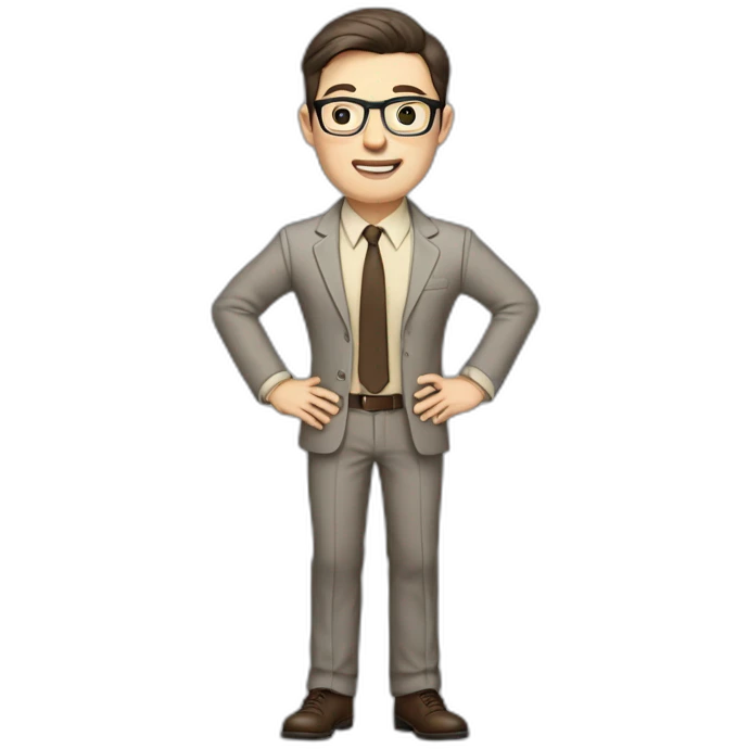 Full height Actively Gesturing Pale skinned fit man with dark brown hair in gray jacket, beige office shirt, brown tie, brown pants and vintage glasses. emoji