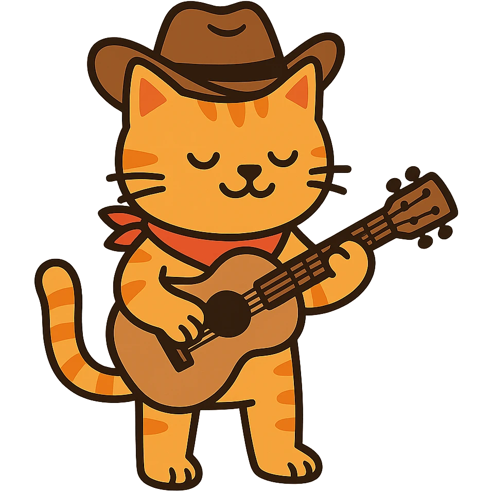 flat toon orange cowboy cat strumming an acoustic guitar  emoji