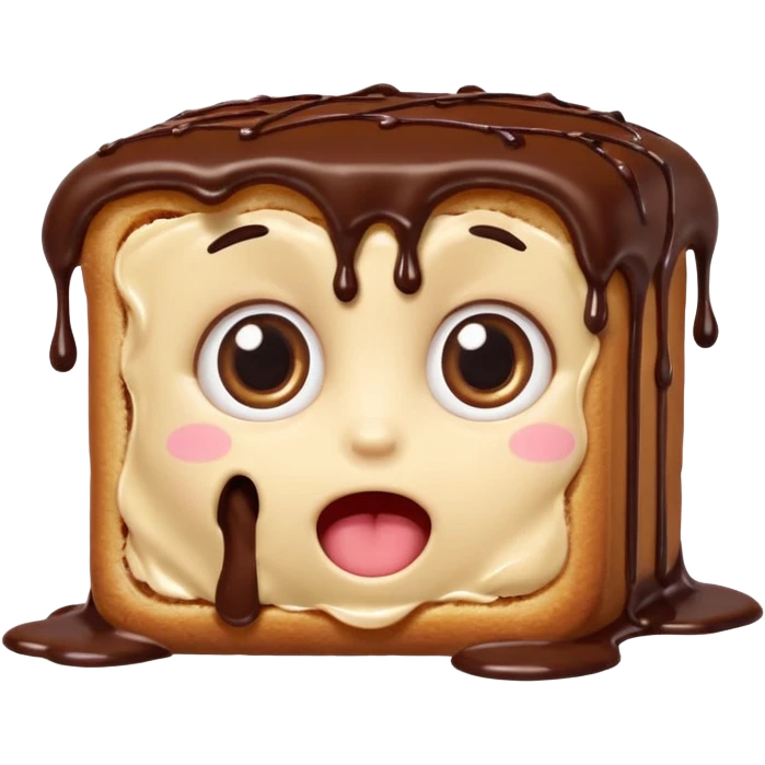 Rectangular chocolate mini pastry, slightly messy and squished, chocolate dripping, big round eyes, wide open mouth, playful surprised expression, text above: "ПАСТИЧКА", chibi style, Twitch emoji style, transparent background, colorful

 emoji
