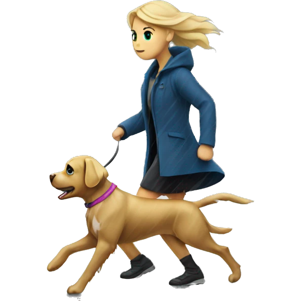 Blonde girl walking dog under the storm emoji