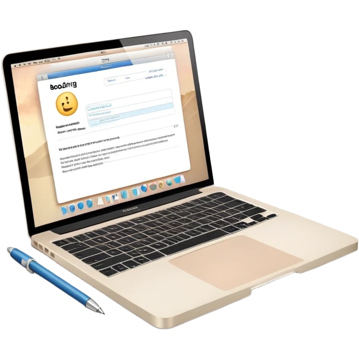 MacBook with booking app open beside vintage paper notebook and pen emoji