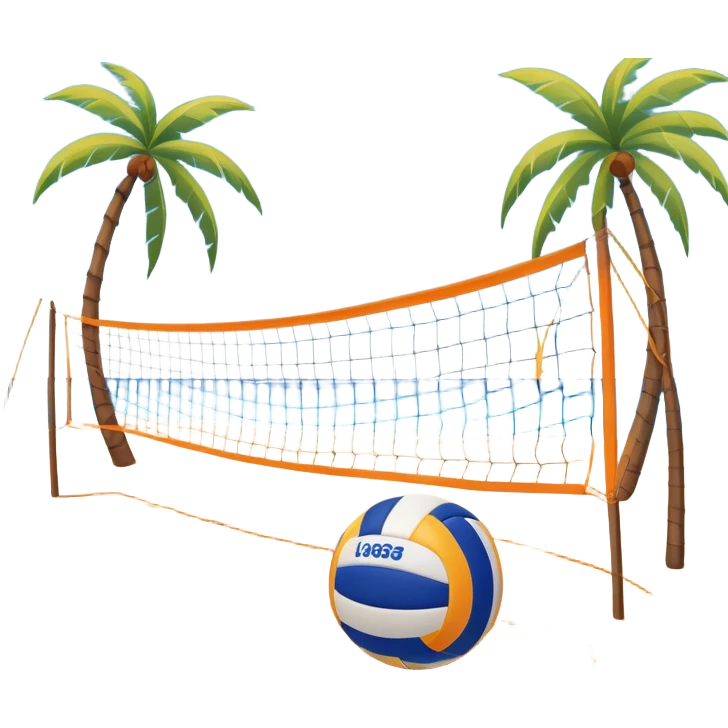 A volleyball resting on the orange sand ground of a beach, with a volleyball net in the background. The scene captures a sunny beach atmosphere with clear blue sea and sky, palm trees swaying, and people in swimsuits enjoying the vibrant surroundings emoji